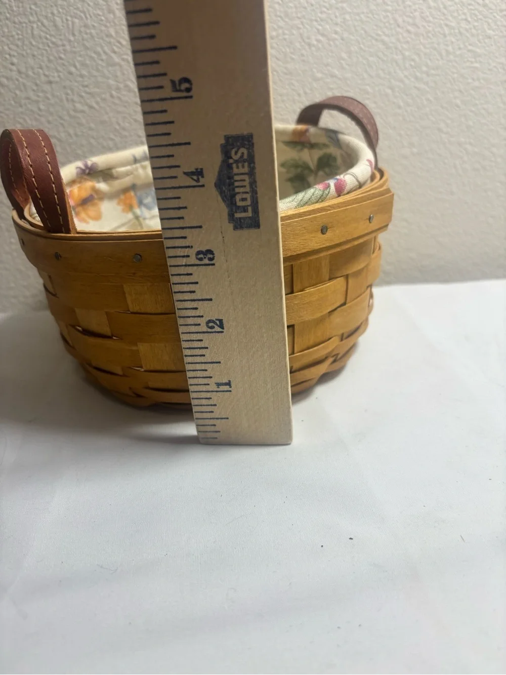Longaberger Brown Wood Basket with Floral Cream‎ Liner. Button basket